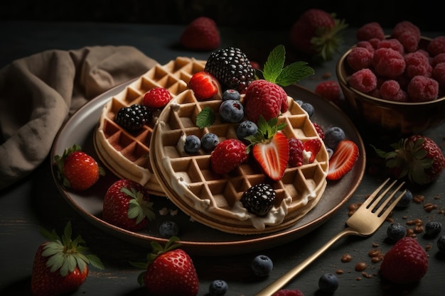 Waffles with berries strawberries AI generation