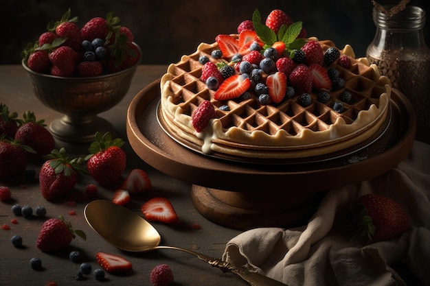 Waffles with berries strawberries AI generation