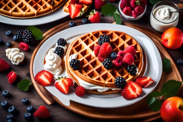 Waffles with berries and syrup on a plate with berries.