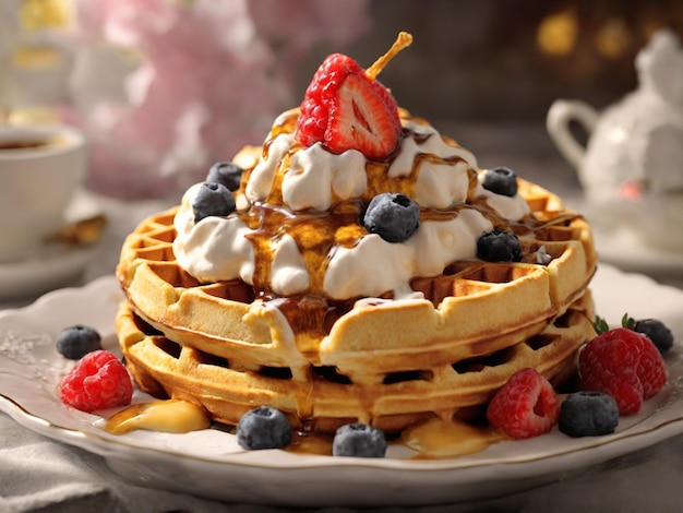 waffles with berries and syrup on a plate