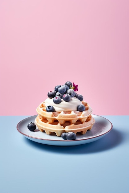 waffles with blueberries on a plate with a pink background.