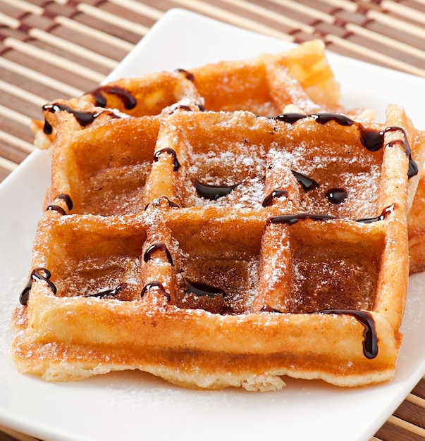 Photo waffles with chocolate and powdered sugar