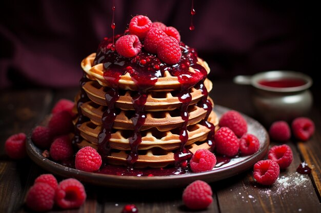 Waffles with chocolate and raspberry on tops