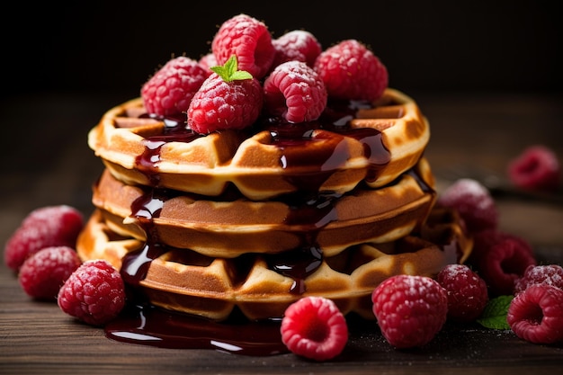 Waffles with chocolate and raspberry on tops