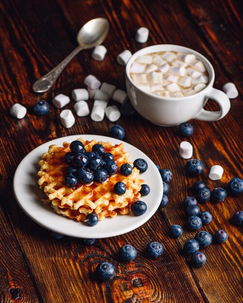 Waffles with Fresh Blueberry and Honey on Plate Cup of Coffee with Marshmallow