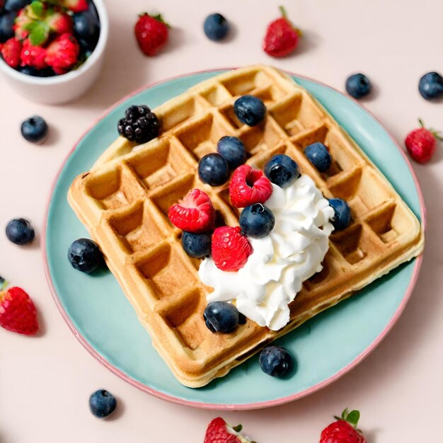 Waffles with fruit and cream on a plate with berries and a cherry