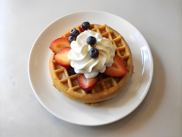 waffles with fruit and cream on a plate