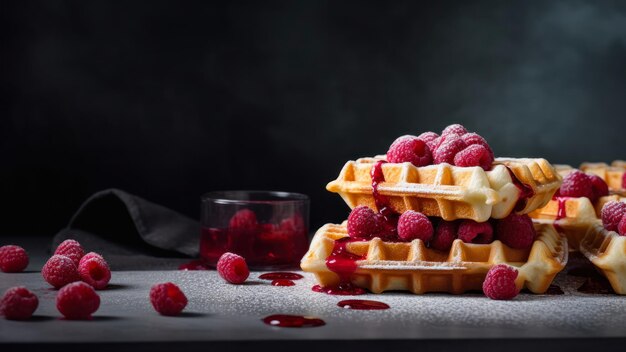 Waffles with a glass of red liquid on the table