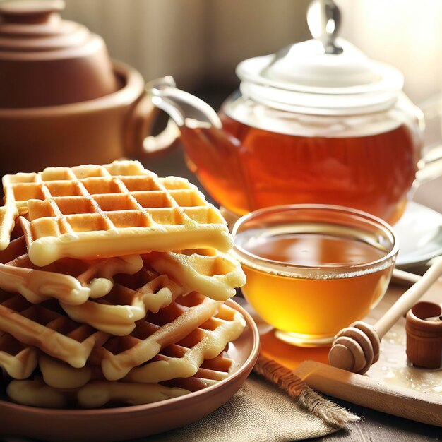 Waffles with honey and tea for breakfast on the table