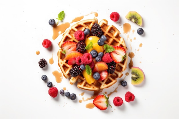 Waffles with ice cream caramel sauce and fresh berries on white background Top view Flat lay Ai generative