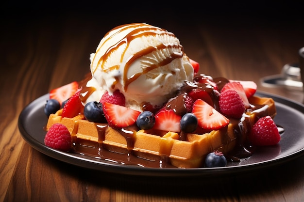 Waffles with ice cream caramel sauce and fresh berries on wooden table