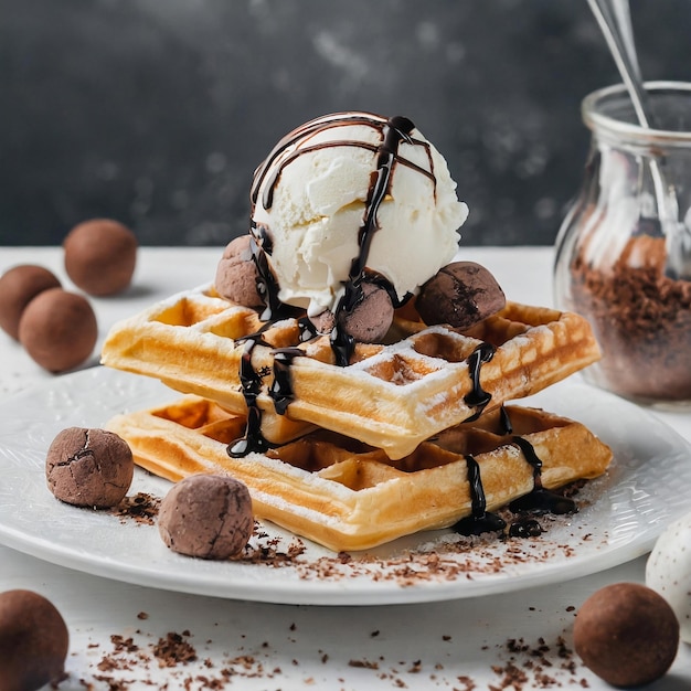 waffles with ice cream chocolate and chocolate balls on the white plate