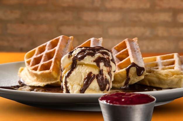 Waffles with ice cream in the plate.