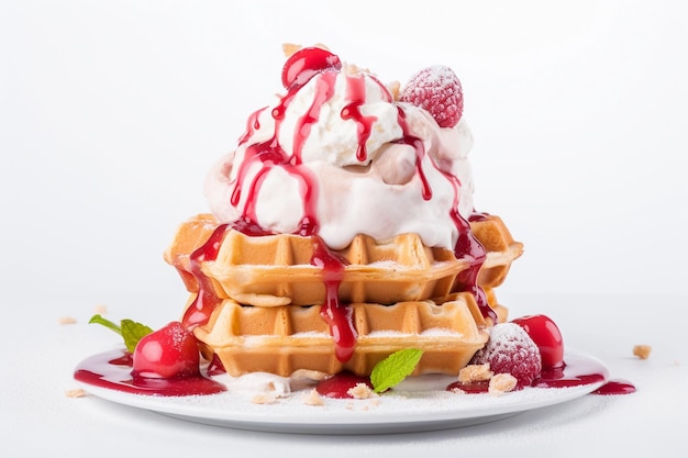 waffles with ice cream on a white background isolated