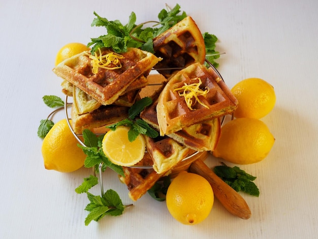 Waffles with lemon and mint