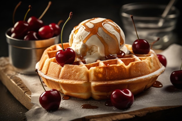 Waffles with a scoop of ice cream and a cherry on top