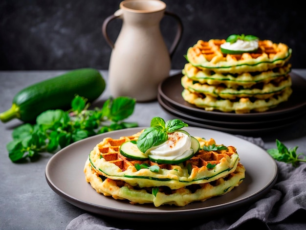 Photo waffles with spinach on a plate selective focus
