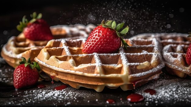 Waffles with strawberries sprinkled with sugar powder Creative resource AI Generated