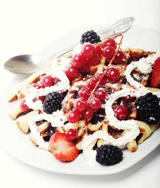 Waffles with strawberry and blackberry