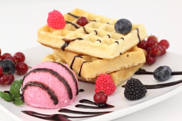 Waffles with strawberry ice cream