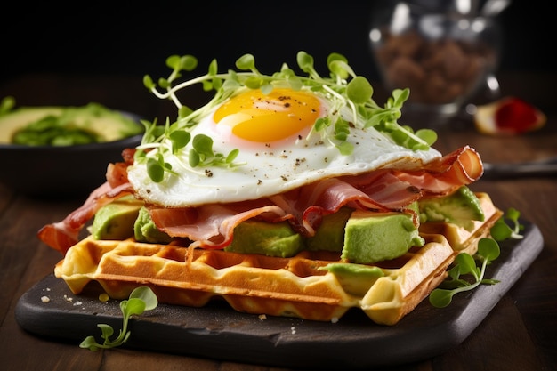 waffles with toppings like eggs bacon and avocado Created with generative AI technology