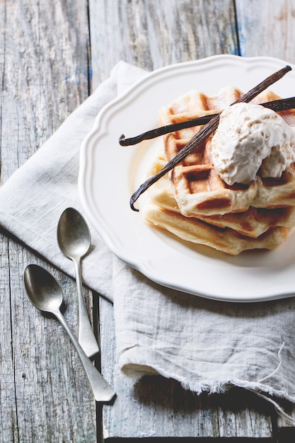 Waffles with vanilla and ice cream