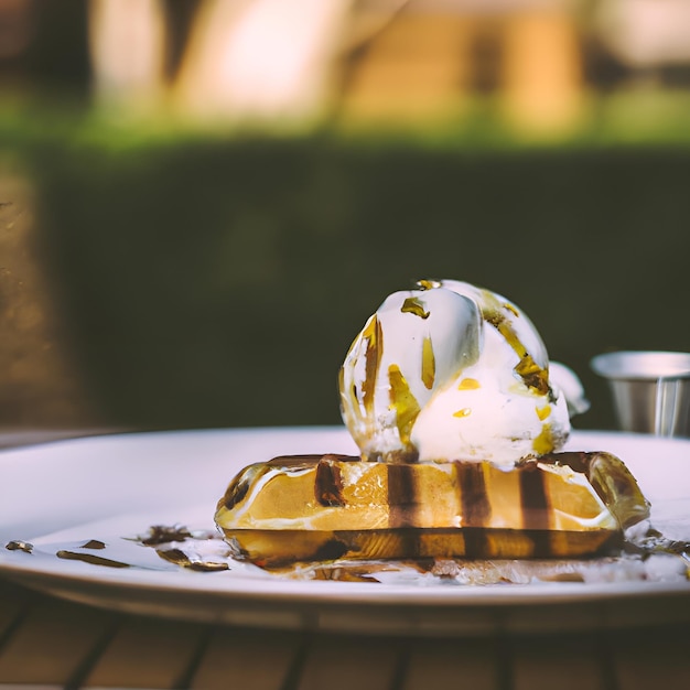 Foto waffle con gelato alla vaniglia