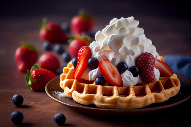 Waffles with whipped cream and berries on a wooden table