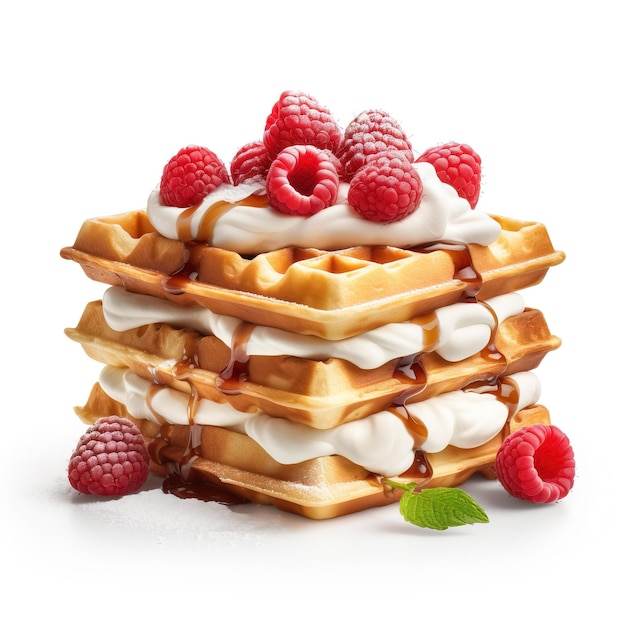 waffles with white cream and berries isolated in white background