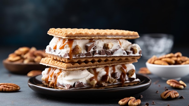 Wafflewiches with ice cream Golden waffles embracing ice cream layers a delightful creation