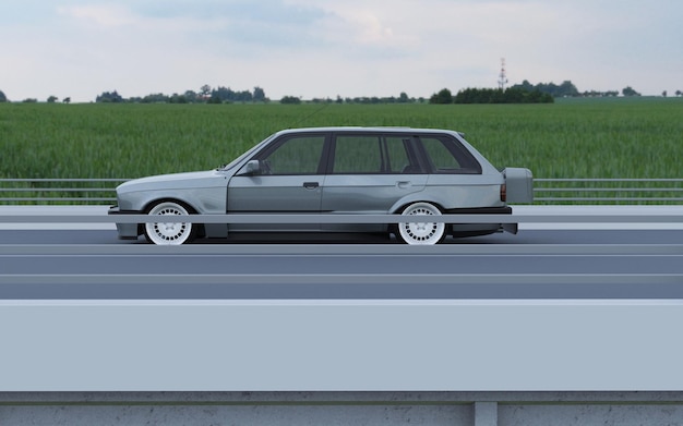 Wagen sedan op de weg 3d illustratie