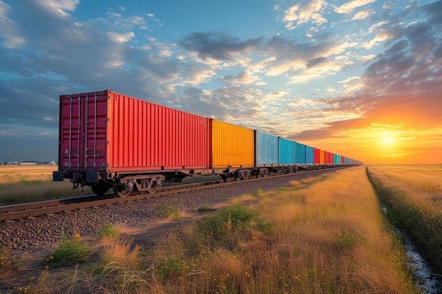 Wagon of freight train with containers on the sky background