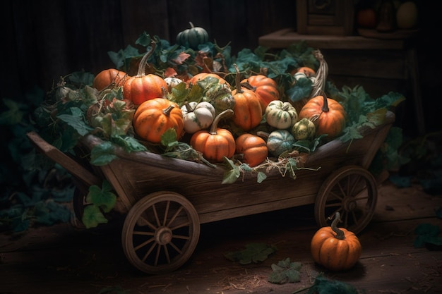 A wagon full of pumpkins sits in a dark room.