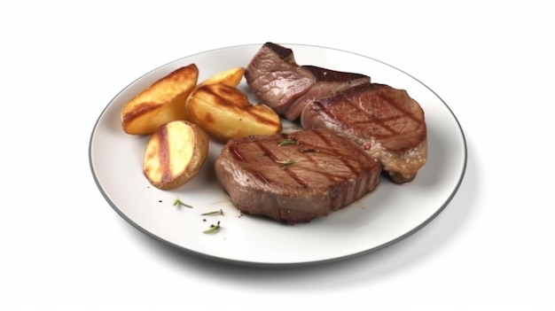 Wagyu steak op witte schotel gegrilde biefstuk en aardappelen geïsoleerd op witte achtergrond bovenaanzicht