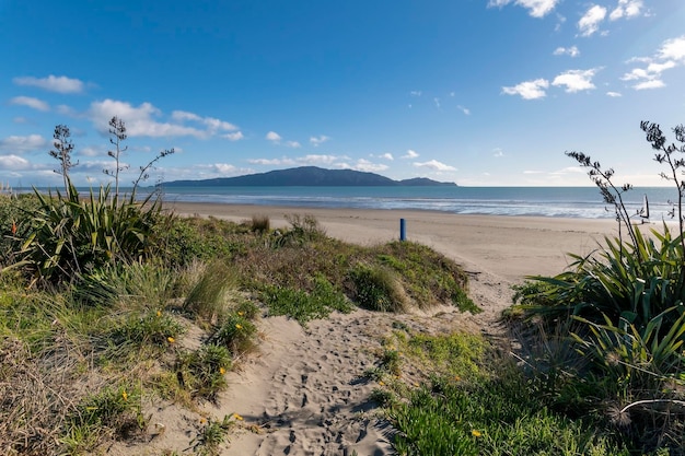 Waikanae Beach north of Waimea Stream on a fine autumn day with blue sky and no people