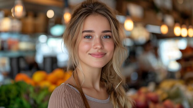 Waist length portrait of young beautiful smiling woman in shop She working cashier