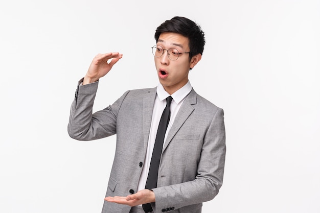 Waist-up portrait of excited good-looking asian office worker telling client about big income opportunities, describe project shaping big object, large sum of money, look amazed