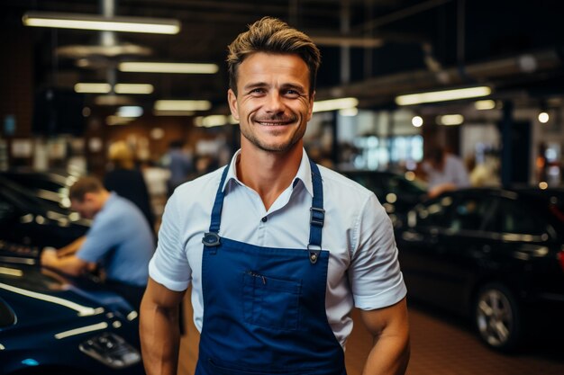 Waist up portrait of handsome bearded worksman smiling at camera while posing in production workshop