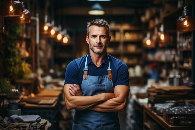 Waist up portrait of handsome bearded worksman smiling at camera while posing in production workshop