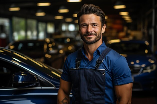 Foto ritratto in vita di un bell'operaio barbuto che sorride alla macchina fotografica mentre posa in un laboratorio di produzione