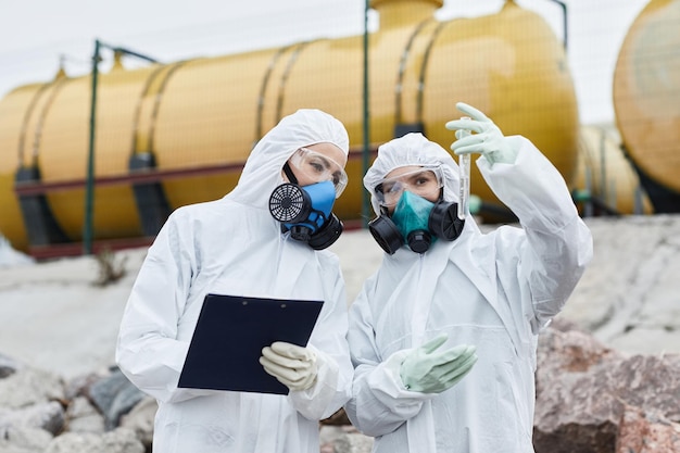 Waist up portrait of two female scientists wearing hazmat suits\
collecting samples outdoors toxic wa...