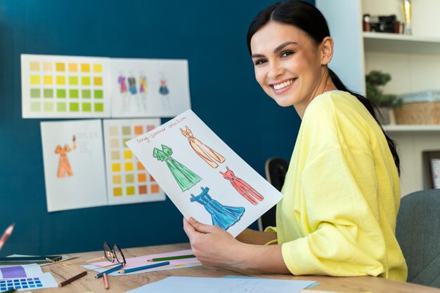 Waist up portrait view of the happy hardworking skilled young female designer showing her new sketches while sitting at her workplace at home with paper and pencil