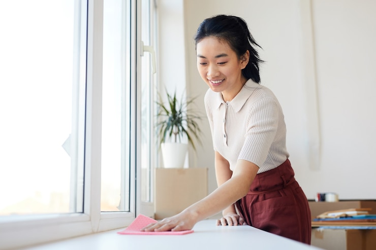 Photo 家やアパートで春の大掃除を楽しみながら窓辺を拭く若いアジアの女性の肖像画を腰に当てる