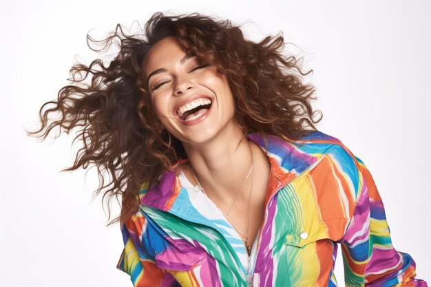 waist up studio portrait of a smiling young hispanic woman wearing bright casual clothing