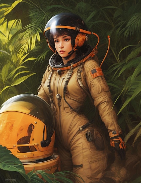 waistup Female Astronaut in a Jungle by Syd Mead broken helmet tangerine cold color palette