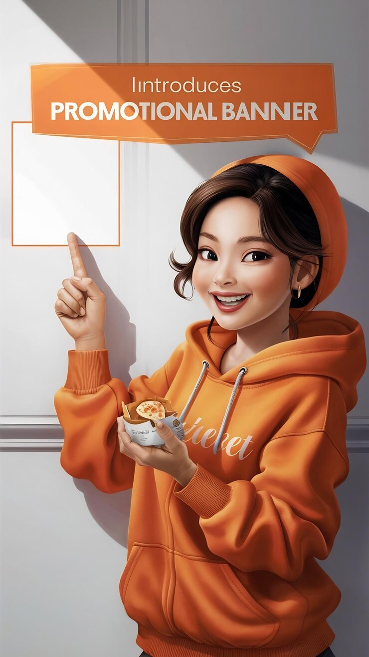 Photo 오렌지색 후디를 입은 귀여운 아름다운 아시아 여성이 b를 가리키는 생산 배너를 소개합니다.