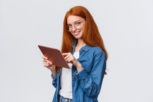 Wait-up portrait coquettish and flirty cute redhead woman flirting with team member