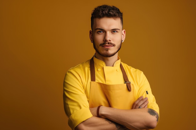 Waiter in apron on a yellow isolated background barista worker in uniform portrait of service man