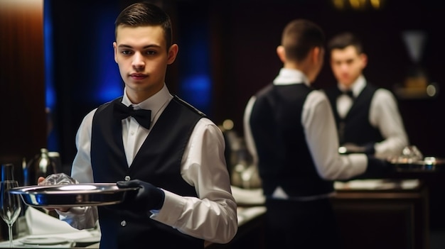 A waiter in a bar with a man holding a tray