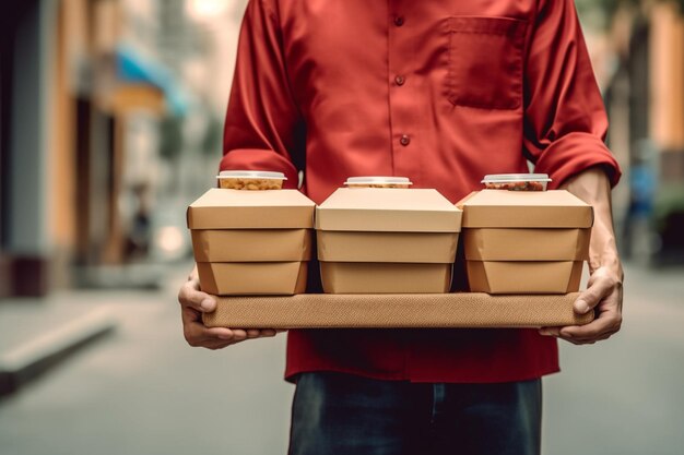 Waiter barista holding and serving take out a paper disposable cup of hot coffee in cafe